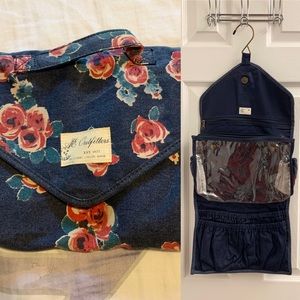 Hanging Travel Makeup Bag - Vintage Rose Print Denim